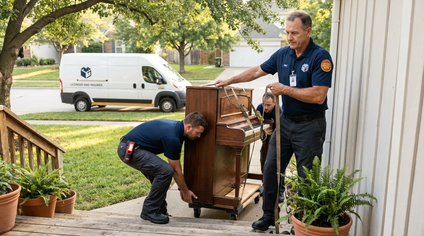 Licensed piano movers securing grand piano in Sunapee, NH